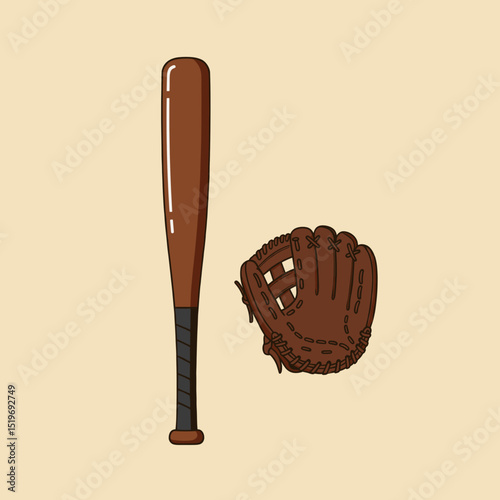 A wooden baseball bat and glove on a light background, perfect for sports-themed designs