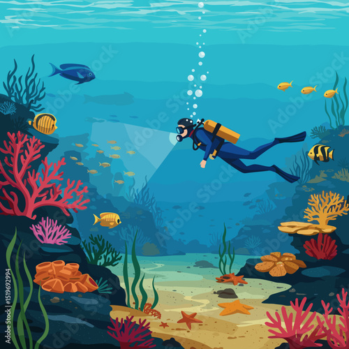 Underwater scene featuring a diver exploring vibrant coral reefs with colorful fish