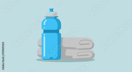 Blue sports water bottle next to rolled towels on a light background