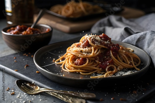 Delicious Plate of Spaghetti with Tomato Sauce and Parmesan Cheese on a Dark Background