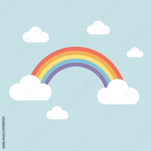 Colorful rainbow arching over fluffy clouds against a serene blue sky background