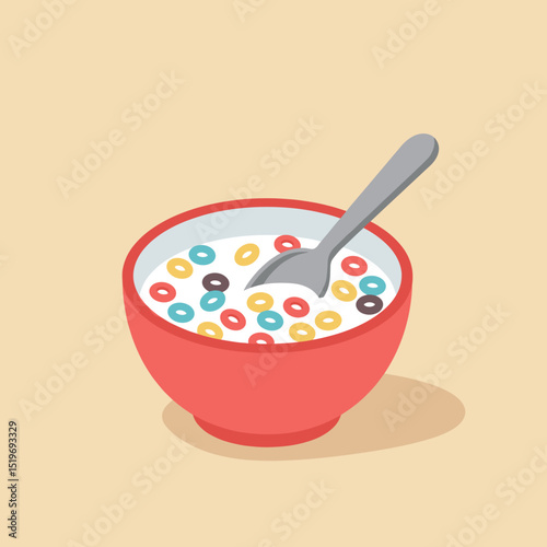 A vibrant bowl of cereal with colorful rings and a spoon on a light background