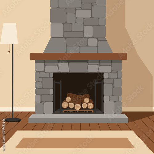Cozy living room with a stone fireplace, wooden logs, and a lamp, creating warmth
