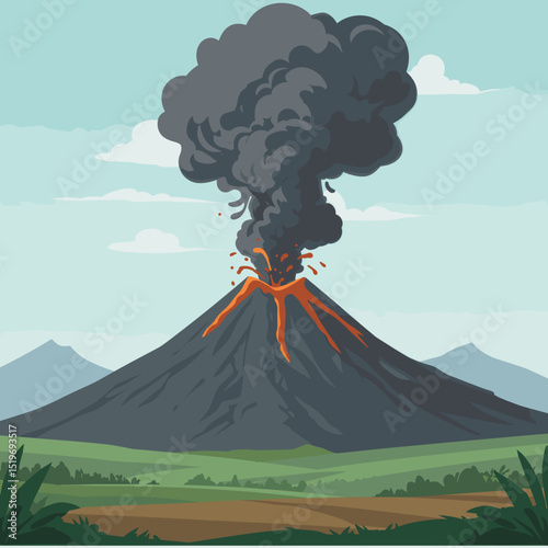 Erupting Volcano Against a Blue Sky with Ash Clouds and Lava Flowing Downside