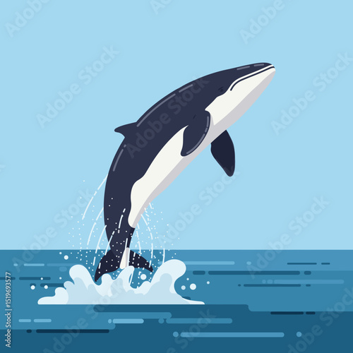 A majestic whale breaching the ocean surface against a clear blue sky backdrop