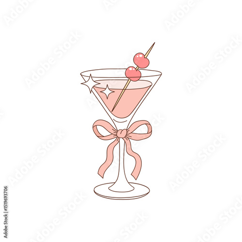 Pastel Pink Coquette Cocktail with Cherry Garnish and Dainty Bow in High Stem Glass vector illustration isolated on white. Girly Drink party print design perfect for T-shirt, bachelorette party, girl