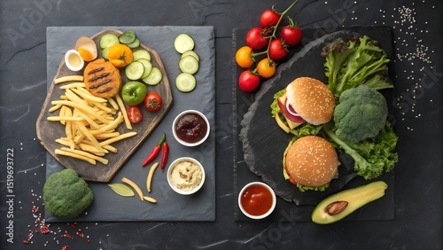 Fresh and Delicious Healthy Food Options on Dark Background with Vegetables and Burgers