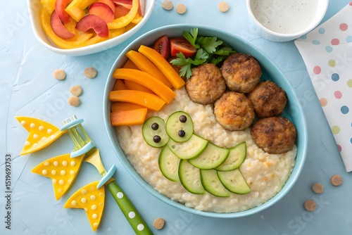Whimsical Children's Meal with Fun Shapes and Colorful Ingredients for Kids