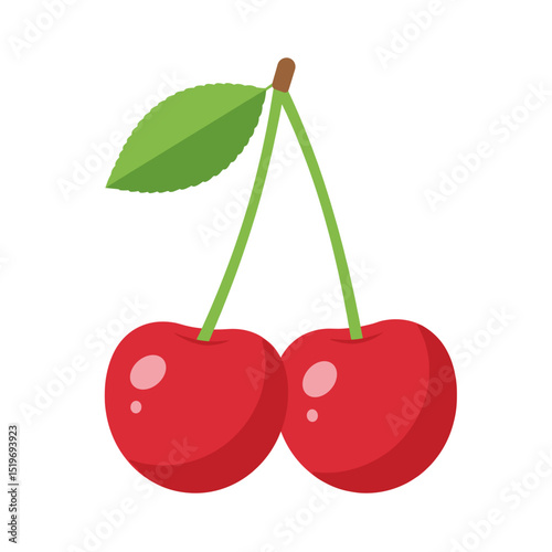 Two vibrant cherries with a green leaf against a clean white background