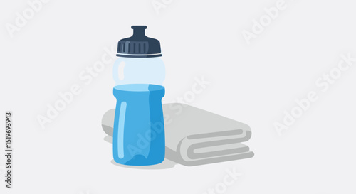 Blue sports water bottle next to a gray towel on a light background, ideal for fitness themes