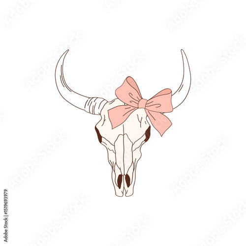 Coquette Bull Skull with Bow on Horn Vector Illustration Set Isolated on White. Girlish Boho Western Design for Fabric, Kids, Stationery, Fashion and Home Decor.