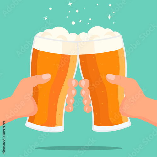 Hands holding pints of beer , cheers clinking glasses, birthday wedding celebration graphic element