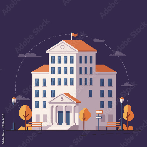 Illustration of a modern building with a flag, set against a purple sky with clouds
