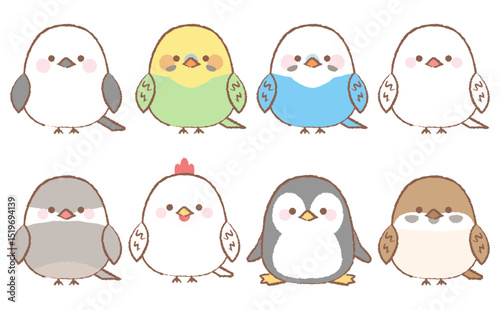 かわいい小鳥の手描きイラストセット