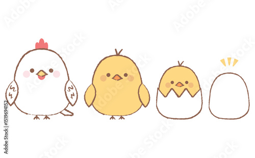 かわいいニワトリとヒヨコの手描き風イラストセット