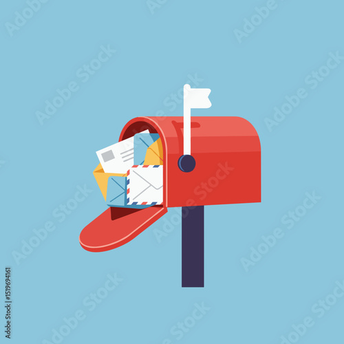 Bright red mailbox overflowing with colorful letters against a light blue background