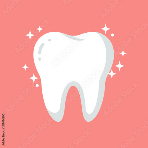 Bright and cheerful illustration of a smiling tooth surrounded by sparkles on a pink background