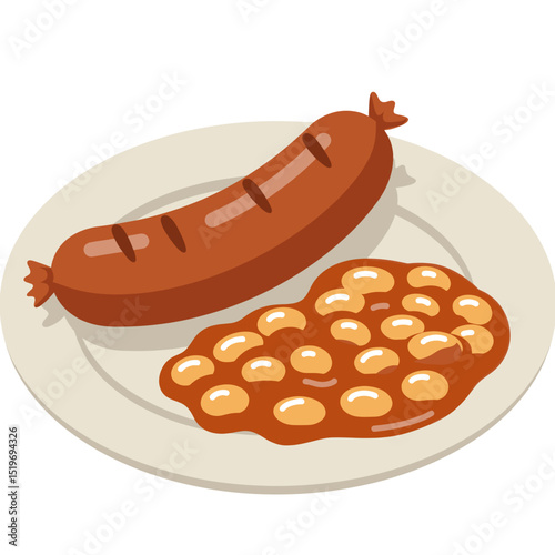 Delicious sausage and beans served on a plate, with a clean white background