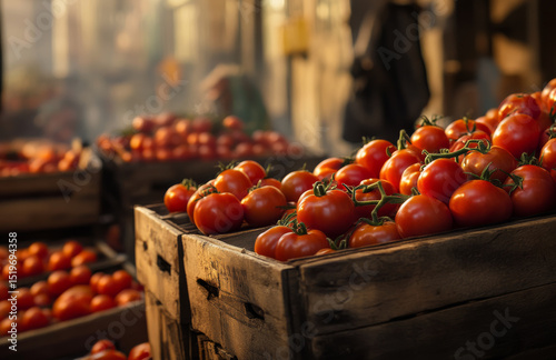 Fresh tomatoes in wooden crates are displayed at outdoor market, bathed in warm sunlight. vibrant red color and rustic setting create inviting and lively atmosphere