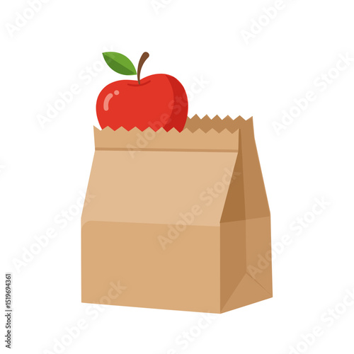 A vibrant red apple resting on a brown paper bag against a plain white background
