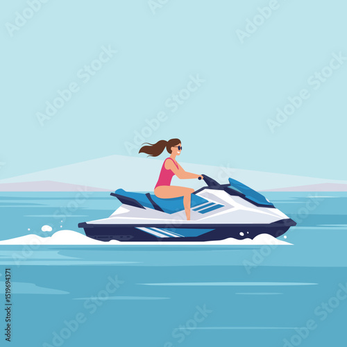 A woman riding a jet ski across a serene lake with mountains in the background