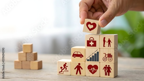 Wooden Blocks with Health Symbols for Wellness and Lifestyle Concept Development