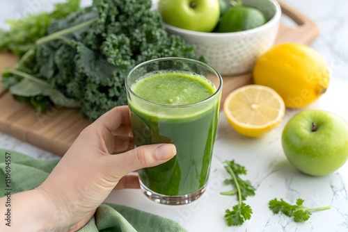 Refreshing Green Smoothie with Kale, Apple and Lemon on Kitchen Countertop