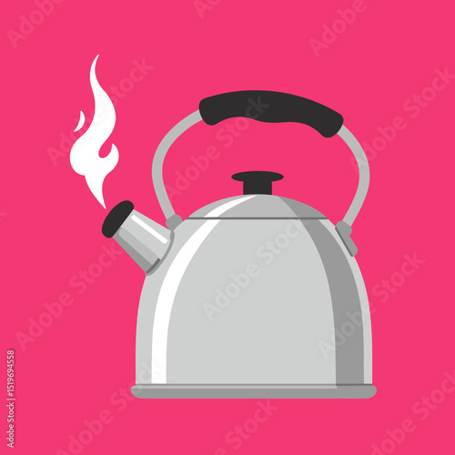 Silver kettle with steam rising against a vibrant pink background, suggesting warmth