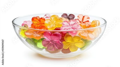 Colorful flower-shaped gummies in a clear glass bowl