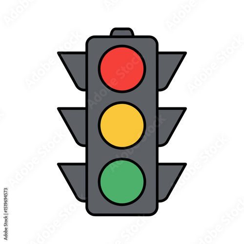 A traffic light displaying red, yellow, and green signals against a city backdrop