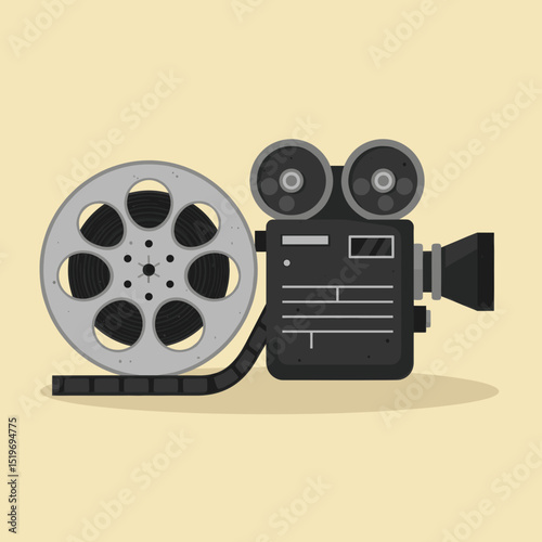 Vintage film camera with reel on a plain background, symbolizing classic cinema nostalgia