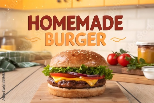 Delicious Homemade Burger with Fresh Ingredients and Vibrant Kitchen Background