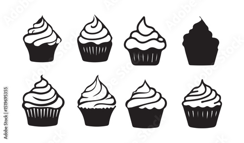Cupcake Silhouette Icon Set – Black and Outline Vector Desserts with Toppings and Frosting. vector eps 10