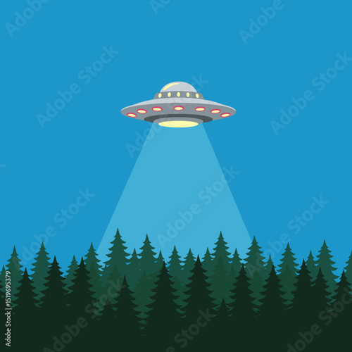 A cartoon UFO hovering above a forest, beaming light onto the trees below
