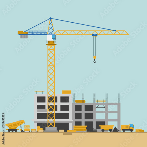 A construction crane towering over a building site with materials and workers nearby