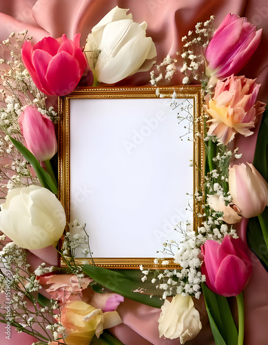 A decorative frame surrounded by colorful tulips and greenery on a soft fabric backdrop.