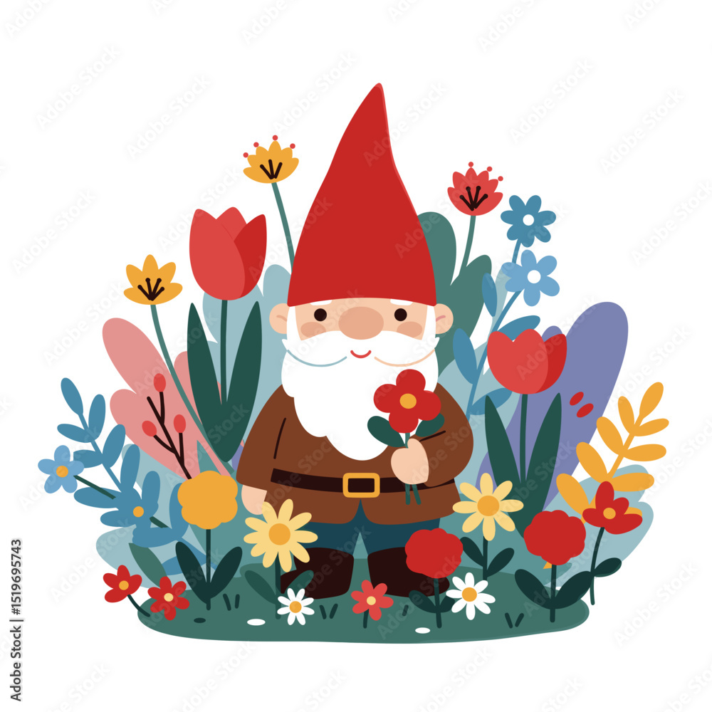 Fototapeta premium Cheerful garden gnome holding a flower amidst vibrant blooming flowers in spring