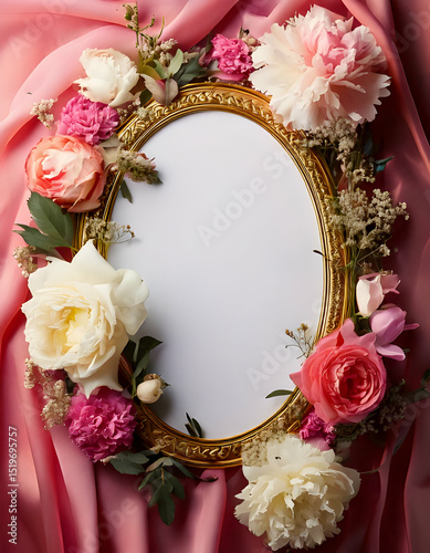 A floral-framed mirror surrounded by soft pink fabric, ideal for decoration or photography.