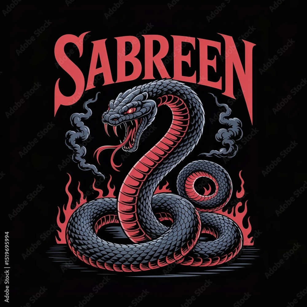 Obraz premium Illustration of a fierce cobra with the word sabreen in a bold decorative font against a black background