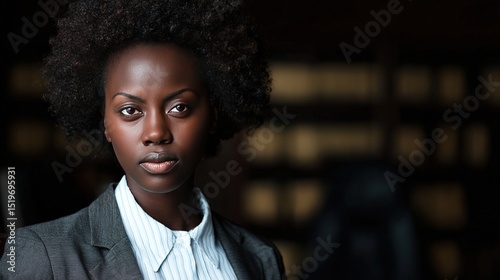 Business professional afro woman in office attire, upper body portrait with focused gaze, illuminated by soft right-side window light, with a blurred bookshelf as background