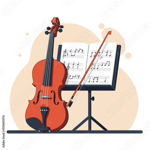 A vibrant violin with sheet music on a stand, set against a soft, abstract background
