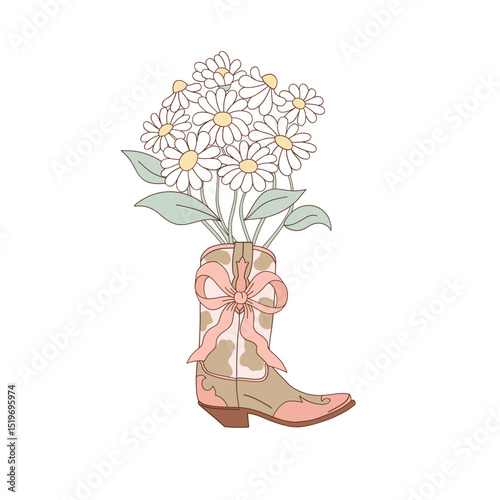 Coquette Cowgirl Boot with Bow Used as Daisy Vase vector illustration isolated on white. Feminine Western Floral Design. Perfect for Fabric, digital scrapbooking, nursery decor, and Western themed