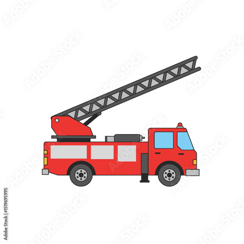 Cartoon fire truck with extended ladder, set against a blank white background