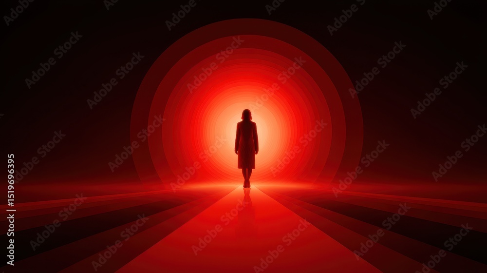 A figure walks towards a glowing red circle, creating a surreal and dramatic atmosphere. A figure walks towards a glowing red circle, creating a surreal and dramatic atmosphere.