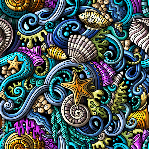 A seamless pattern of hand-drawn cartoon sea life doodles, including fish, shells, and marine plants in vibrant colors.