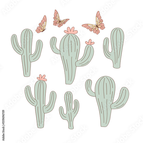 Pastel Cactus and Floral vector illustration set isolated on white. Cute Succulent and Desert Flower print collection for Fabric, Kids, Stationery, and Home Decor.