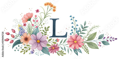 Floral Letter L Wreath Watercolor Design, Isolated on Transparent Background, alphabet, monogram, floral design