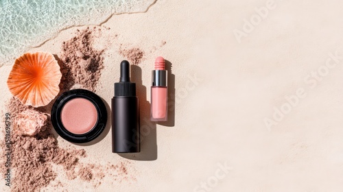 Makeup flat lay on sand background — tinted moisturizer, lip oil, bronzer stick, and colorful eyeliners. Summer beauty essentials