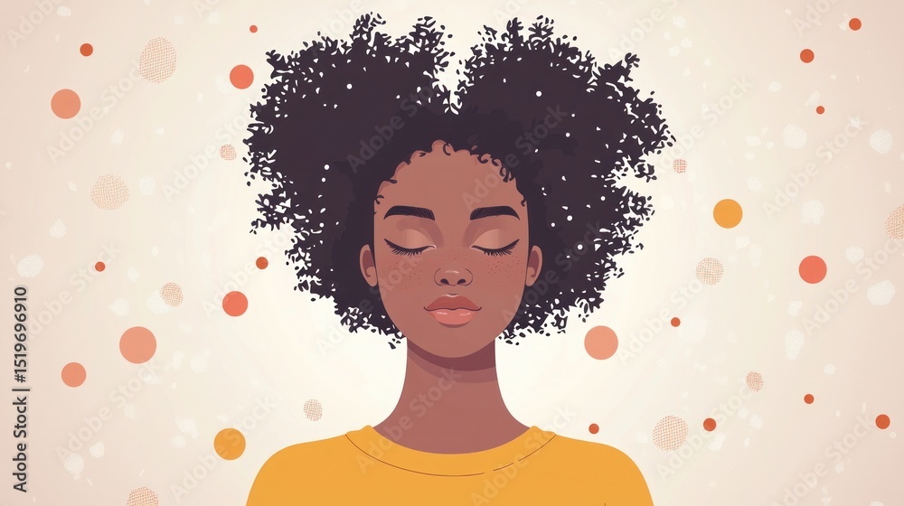 Calm Woman with Natural Hair and Peaceful Expression Against Background Calm Woman with Natural Hair and Peaceful Expression Against Background