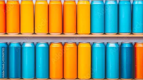 Rows of vibrant orange and blue aluminum cans on wooden shelves.  Concept of beverage, product display, variety, and consumer choice.